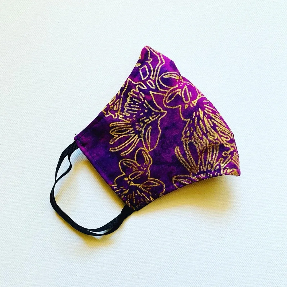 NEW Handmade Batik Golden Lehua Purple Print Face Mask